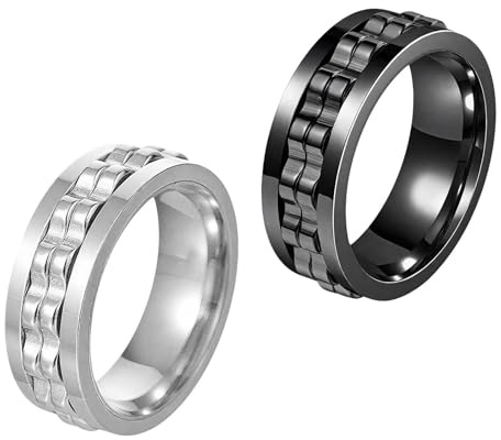 SoundZero 2 Pièces Bague anti stress homme, Bagues pour homme, Anneau de bague de bande rotatif, Bague agité pour les adultes, Anneau anti-stress rotatif, Fidget Ring Adults (Noir, argent)