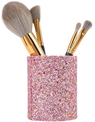 CALFOVERA Pot à Crayons en Cuir PU Pailleté Rose Brillant Multifonction pour Pinceaux de Maquillage Boîte de Rangement Ronde en Cuir de Luxe pour Stylos Organiseur de Bureau