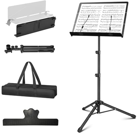 Portable Music Stand - Folding Sheet Music Stand & Book Stand with Carrying Bag, 3 in 1 Tri-fold Panel Metal Podium Stand Adjustable Height with Music Sheet Clip Holder