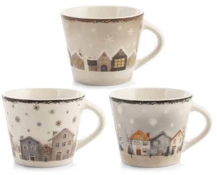 H&H Set 12 Tazze da Tè in New Bone China – Decoro Village, 280 ml – Tazze Eleganti per Colazione, Cioccolata Calda, Cappuccino