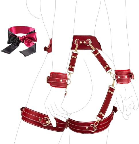 Sex Bondage Restraints Kit 6PCS Adjustable Handcuffs Ankle Cuffs Thigh Cuffs Blindfold Cross Strap Waist Strap BDSM SM Bondage Set for Couples Men Women Adult Sex Toys