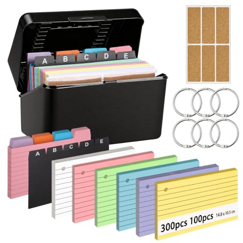Caja para tarjetas de 14,8 x 10,5 cm, incluye 400 fichas de colores, A6, 5 PP, 6 hojas sueltas, caja de tarjetas de aprendizaje para vocabulario, notas, escuela, oficina, hogar