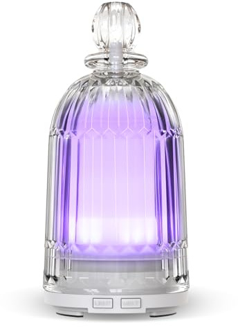 DOUDING 120ml Glass Essential Oil Diffuser, Ultrasonic Aroma Diffuser Glass Cover & Plastic Reservoir with Auto Shut-Off, 7 Colors LED Light for Home, Bedroom, Office, Yoga(White Base)