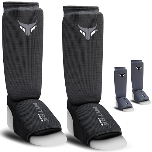 Junior Kickboxen Schienbeinschützer leichter Schienbein Spann Bewachen dehnbar gepolsterte Training Schienbeinschoner Muay Thai, MMA Schienbeinschoner kinder (XS, Schwarz)