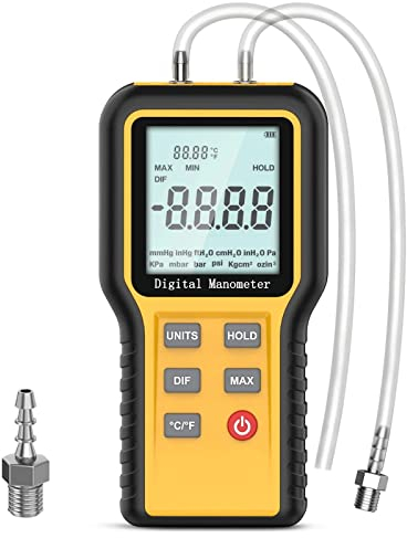 Manometer, Professionelles Luftdruckmesser, Handheld HVAC Manometer 12 Selektierbare Einheiten Differenzdruckanzeige,Dual-Port-Manometer-Gasdrucktester mit Hintergrundbeleuchtung (enthaltene Batterie)