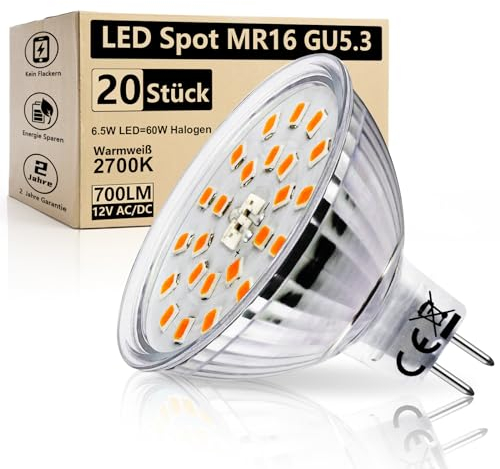 Wondlumi 20er LED Leuchtmittel 12V GU5.3 LED Lampe 6.5w Warmweiß 2700K Glühbirnen Ersatz für 60W MR16 Birnen 12V AC/DC, Nicht Dimmbar