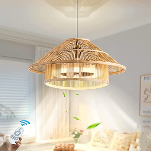 JIAODIE Ventilador De Techo LED Con Lámpara Vintage País Mimbre Bambú Tejido Lámpara De Araña Silencioso Y De Bajo Ruido 3 Colores Regulables Salón Dormitorio Luz