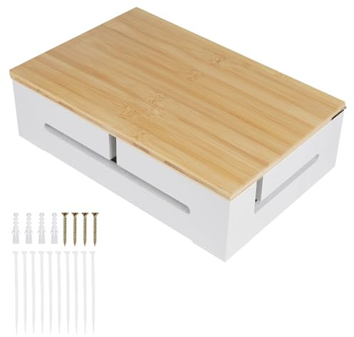 DBREAKS Caja de gestión de cables de madera, caja organizadora de cables con tapa magnética de bambú y bridas, caja de cables para montaje en la pared