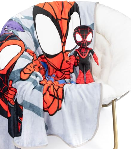Jay Franco Marvel Spidey und Seine Super-Freunde Miles Morales Plüsch-Minikissen Buddy & Decke 130 x 150 cm – weiche Decke, Set für Kinder, supersoftes Marvel Set 2-teilig