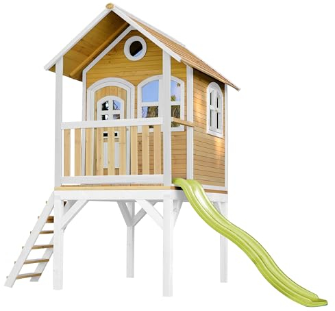 AXI Spielhaus Laura mit hellgrüner Rutsche | Stelzenhaus in Braun & Weiß aus FSC Holz für Kinder | Spielturm mit Wellenrutsche für den Garten