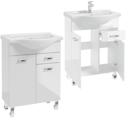 .Deftrans Domodomo Badezimmerschrank mit Waschbecken, 86 x 65 x 30 cm weißer Waschbeckenschrank, Keramik Waschbecken Set, Standschrank mit Schublade