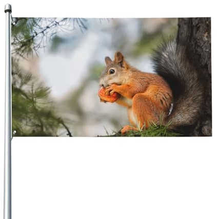 Bandera divertida y esponjosa de ardilla gorda para comer nueces en ramas de árbol para casa, césped, decoración de patio, banderas de bienvenida con 2 ojales de metal, uso en interiores y exteriores