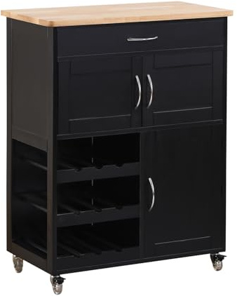 Brigros WeHome - Carrello Cucina Legno Febe, Credenza Bianca 67x36x87 Cm Con 1 Cassetto, 3 Ante, 3 Ripiani Portabottiglie, Mobile Cucina Con Ruote E Piano In Legno Rovere (Nero)