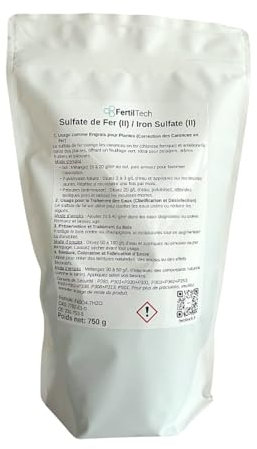 FertilTech Sulfate de Fer (II) 750 g - Engrais Anti-Carence en Fer pour Plantes, Pelouse, Potager - Clarification Eau, Traitement Bois & Anti-Mousse Écologique
