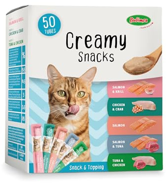 Bubimex - Creamy Snacks Multipack - Friandises Crèmes à Lécher pour Chats - Texture Lisse, Onctueuse et Appétissante - Stimule l'Appétit et Favorise l'Hydratation - 50 x 15 g
