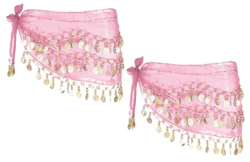 sourcing map Belly Dance Hip Scarf 57x11, 2 Pack Women's Belly Dance Costume Skirt Wrap with 72 Gold Coin for Dance or Yoga Class, Pink