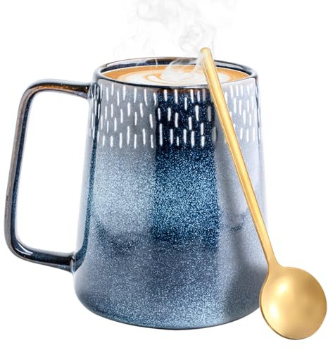 Grande tasse à café au lait en céramique avec cuillère 700 ml pour le bureau et la maison - Émail lisse - Pour cacao, cappuccino, latte, céréales, passe au lave-vaisselle (bleu)