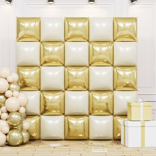 Gold Cream and White Square Foil Balloon Wall,19 Inches Double Sided Chrome Square Balloons Tunnel Arch Kit for Birthday,Baby Shower,Graduation,Anniversary Party Background Decorations