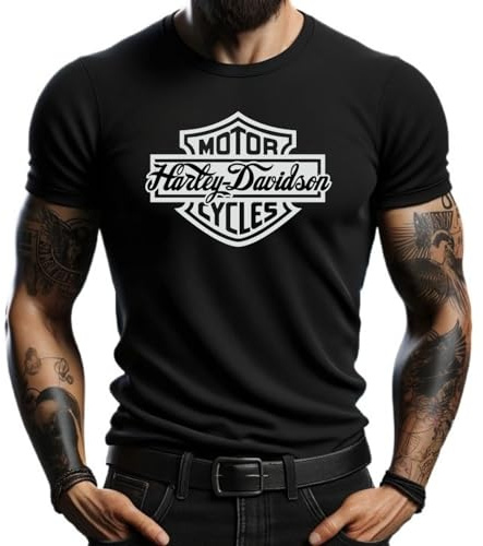 4people Camiseta Negra Harley con Logotipo Clásico - Estilo Casual para Motociclistas y Amantes de Las Motos (FR/ES, Letras, L, Regular, Regular, Negro)