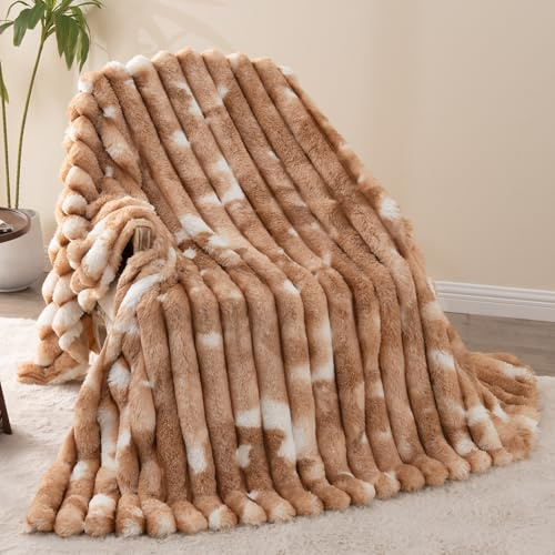 Vamcheer Soft Faux Rabbit Plush Blanket - Super Warm Cozy Tie - Dye Blanket, Warmth for Cold Days, Perfect for Sofa & Bed Aesthetic, Brown, 150X200CM
