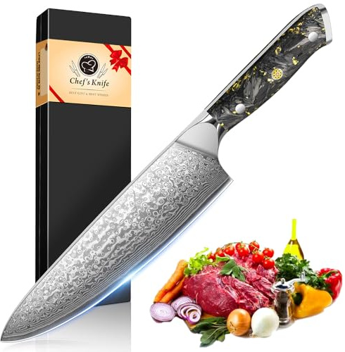 Damastmesser Kochmesser Profi Kochmesser 20cm Extra scharfe Klinge aus 67 Schichten VG-10 Damaststahl & Ergonomischer Griff Damast Fleischmesser Küchenmesser mit Geschenkbox