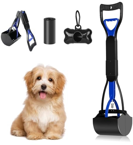 SCDZY Dog Pooper Scooper, 60cm Foldable Portable Pooper Scooper Long Handle with Poop Bag Dispenser and Waste Bags, Pet Poop Waste Pick Up Rake for Dogs Cats (Blue)