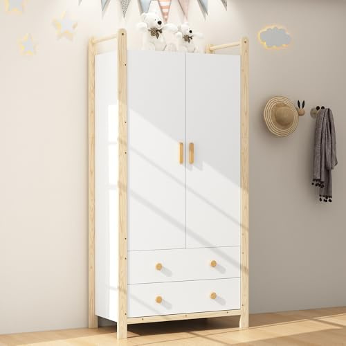 Mielvu Armario de 2 puertas, armario con barra para colgar, 2 cajones, para dormitorio, salón, pasillo, armario de madera aglomerada, cuerpo + marco de pino, 90 × 45 × 180 cm (blanco)