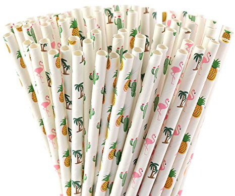 ALINK 100 Pack Tropical Paper Straws - 7.75 Biodegradable Hawaii Party Straws with Flamingo, Pineapple, Cactus & Coconut Tree Designs - Supplies for Luau, Beach Party, Birthday & Summer Cocktails
