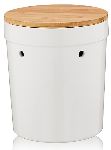 kela Kartoffeltopf Salena, Durchmesser 20 cm, Keramik, weiß, rund, abnehmbarer Bambusdeckel, seitliche Luftlöcher, 12068