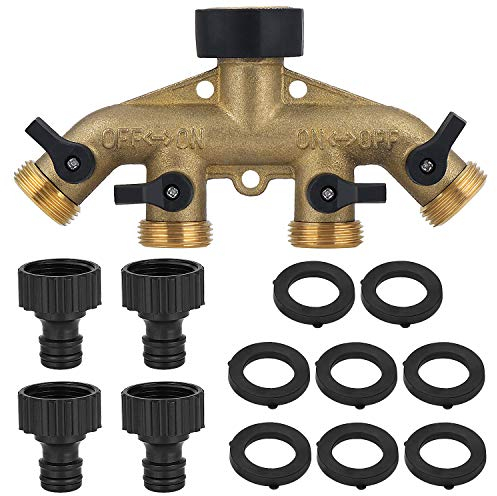 Moendergo Heavy Duty 4 Way Hose Splitter Tap, 3/4 Brass Hose Connector, Garden Tap Adaptor with 4 Separate ON/OFF Valves for Outdoor Watering, Greenhouses & Car Washing