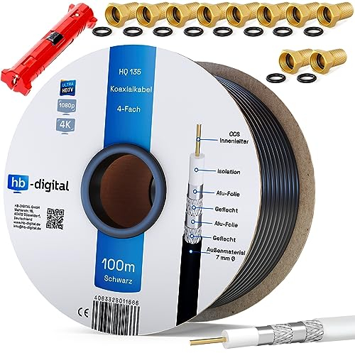 HB-DIGITAL 100m câble coaxial Sat HQ-135dB Pro INCL. Pince à dénuder + 10 fiches F plaquées Or | d'antenne Satellite Quadruple blindé pour systèmes Radio BK DVB-S/S2 DVB-C/C2 DVB-T/T2 Dab+. Noir