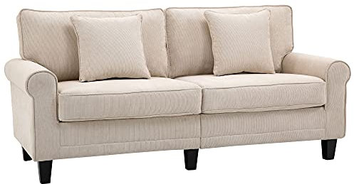 HOMCOM Canapé 3 Places en Tissu Velours côtelé, canapé Salon, 197 cm, avec accoudoirs et Dossier rembourrées, canapé avec 2 oreillers, Pieds en Bois Massif de pin, pour Salon, Chambre, Bureau, Beige