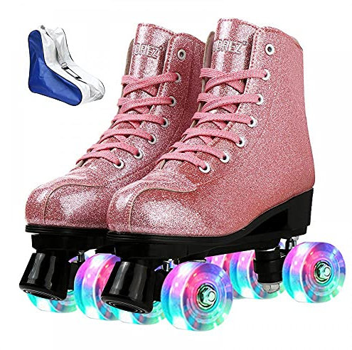 XUDREZ Roller Skates for Women Men, Shiny PU Leather High-top Roller Skate Shoes, Double-Row Roller Skates with Crystal Pink Flash Wheels, Size 39