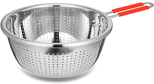 Présentoir en métal perforé en métal en acier inoxydable avec longues poignées rouges Sifters Utiliser pour la cuisine Food Pâtes Pâtes Nouilles Spaghetti Légumes Silver - 10,24 pouces