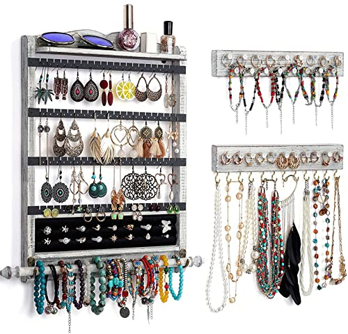 QILICHZ Wall Jewelry Organizer Set of 3 Jewelry Holder Jewelry Organizer Wall Mounted Wood Hanging Jewelry Wall Organizer Rustic Jewelry Hanger for Jewelry Storage Display