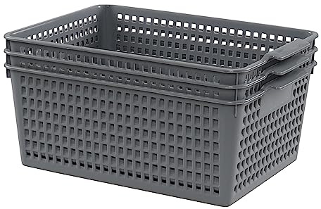 Yuright 3 Pack Plastic Rectangular Storage Baskets for Kitchen Cupboard | Storage Basket Box, Grey