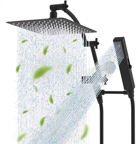Hibbent All Metal CUPC Certified 10'' Rainfall Shower Head, Dual Shower Head Combo, High Pressure Handheld 4 Sprays Shower Wand, 16'' Adjustable Extension Arm, 71'' Hose, Shower Holder, Matte Black