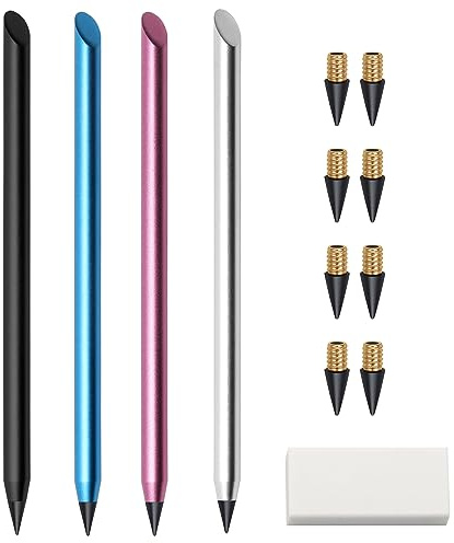 Windspeed 4+9 Pack Metal Inkless Pencil Eternal, Reusable Everlasting Pencil with Eraser and 8 Pcs Replaceable Nibs