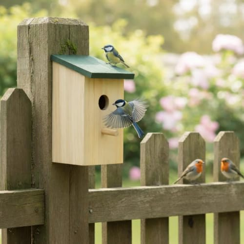 Almineez Bird House Wooden Wild Small Wood Nesting Box Nesting Handy Home Garden Pressure Treated for Wild Birds Sparrows Blue Tits Robin with Traditional Hinged Roof
