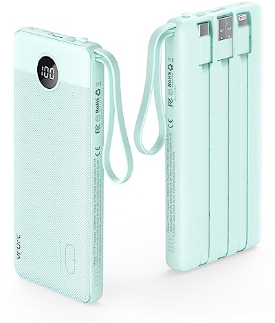 VRURC 10000mAh Power Bank With Built in Cables,USB C Battery Pack Portable Charger with 5 Outputs 2 Inputs Powerbank LED Display compatible with iPhone 17 16 15 14, Samsung,Android