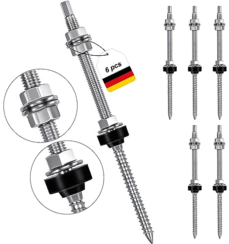 Lot de 6 vis à double filetage M10 x 200 mm Installation PV en acier inoxydable réglable en hauteur Chevilles pour photovoltaïque Fixation solaire sur les toits de bâtiments Matériau : acier