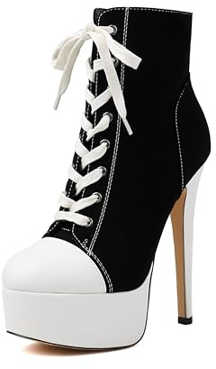 Feinlina Women's Ankle Stiletto High Heel Platform Boots Fashion Canvas Lace-up Round Toe Dancing Booties