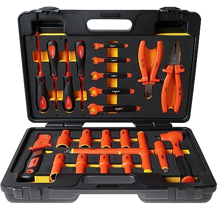 MJW 24-tlg. Profi-Werkzeugset mit 1/2 Ratsche & Nüssen, VDE-zertifiziert, DIN EN 60900, Inkl. Kabelmesser & Kunststoffkoffer