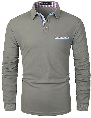 LIUPMWE Polo de Hombre Manga Larga Slim fit Golf Poloshirt Casual Cuadros a Cuello Deporte Camisas con Bolsillo,Gris,M