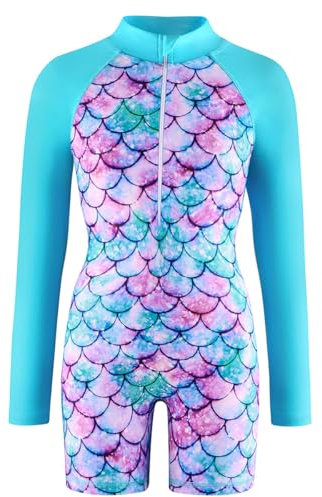 Mädchen Badeanzug Einteiler Schwimmanzug UPF 50+ Schutz Langarm Bademode Kinder Sonnenschutz Badeanzug Swimsuit (Blau, 130（7-8 Jahre）)