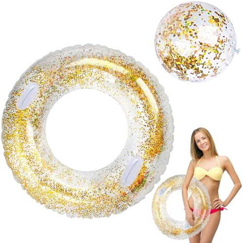 RosyFate simring, genomskinlig simring, glittrande simringar, simdäck för vuxna, uppblåsbara simdäck, simning på sommaren, strand, poolleksaker (Pailletter - 2-pack)