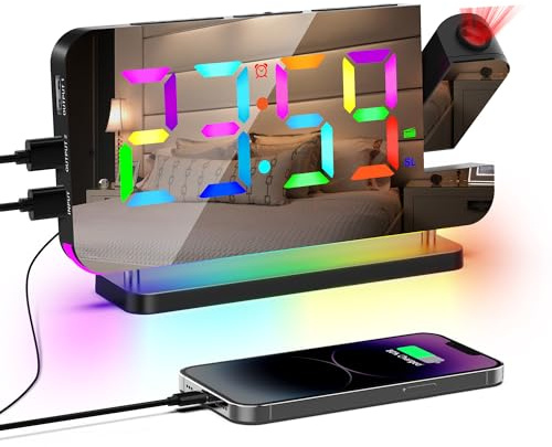 Lancoon projektionslarmklocka färgglad väckarklocka med radiospegelyta med 11 RGB färgdisplay 10 färger nattlampa LED-skrivbordsklocka för sovrum hem svart