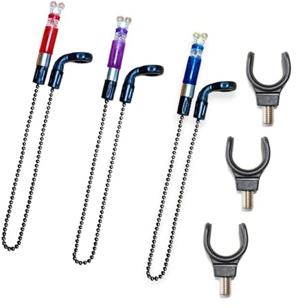 3 bobinas GTR+ indicadores de mordida y 3 soportes para caña de pescar carpas, alarmas de mordida y palos de banco (rojo, morado, azul)