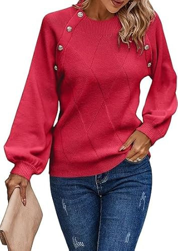 Toplop Damen Pullover Winter Rundhals: Herbst Outdoor Jumper Retro Sweatshirt Vintage Mode Langarmshirt Lässig Pulli Warm Damenpullover Kuschelpullover Wickelpullover Rot XL