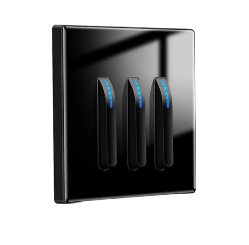 FOELANNE Elektrischer Touch-Schalter, Lichtschalter, Wechselschalter, gehärtetes Glas, selbstrückstellend, 1/2/3/4-Gang, 1/2-Wege-LED-Anzeige, Klaviertaste, Wandpaneel (schwarz, 3-Gang, 2-Wege)